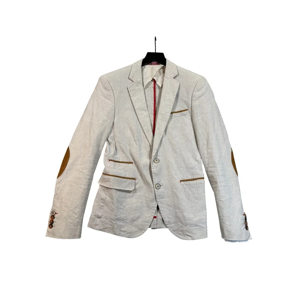 Zara Man Blazer 36 Beige Elbow Patches Denim Couture Academia Preppy Linen Blend